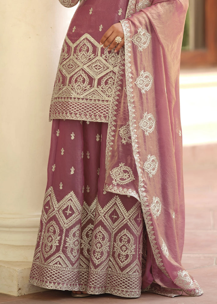 Shades Of Purple Silk Palazzo Suit with Fine Embroidered Detailing