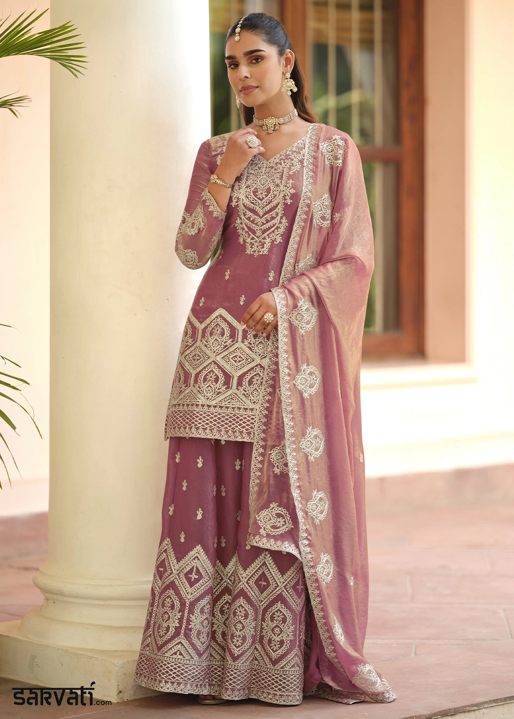 Shades Of Purple Silk Palazzo Suit with Fine Embroidered Detailing
