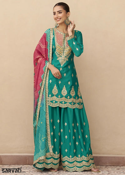 Tiffany Blue Chinon Silk Palazzo Suit with Elegant Embroidery work