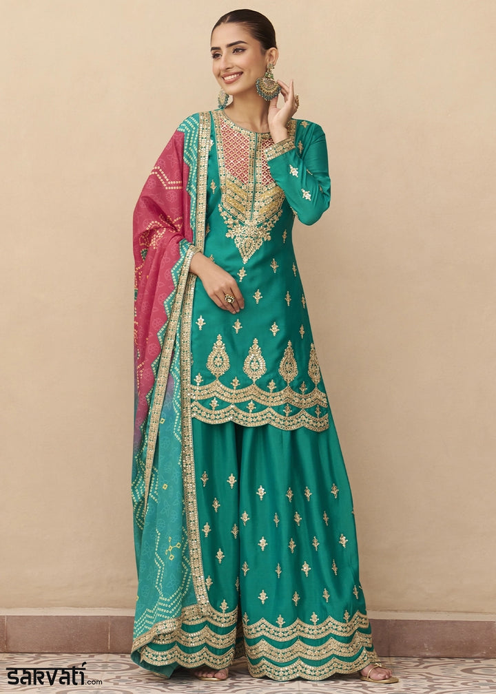 Tiffany Blue Chinon Silk Palazzo Suit with Elegant Embroidery work