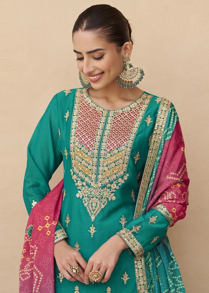 Tiffany Blue Chinon Silk Palazzo Suit with Elegant Embroidery work