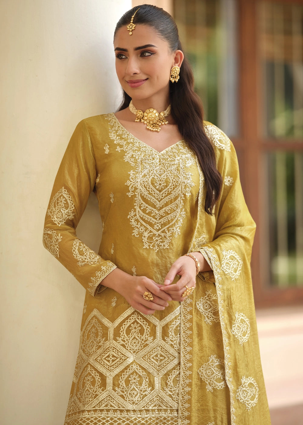 Amber Yellow Silk Palazzo Suit with Fine Embroidered Detailing