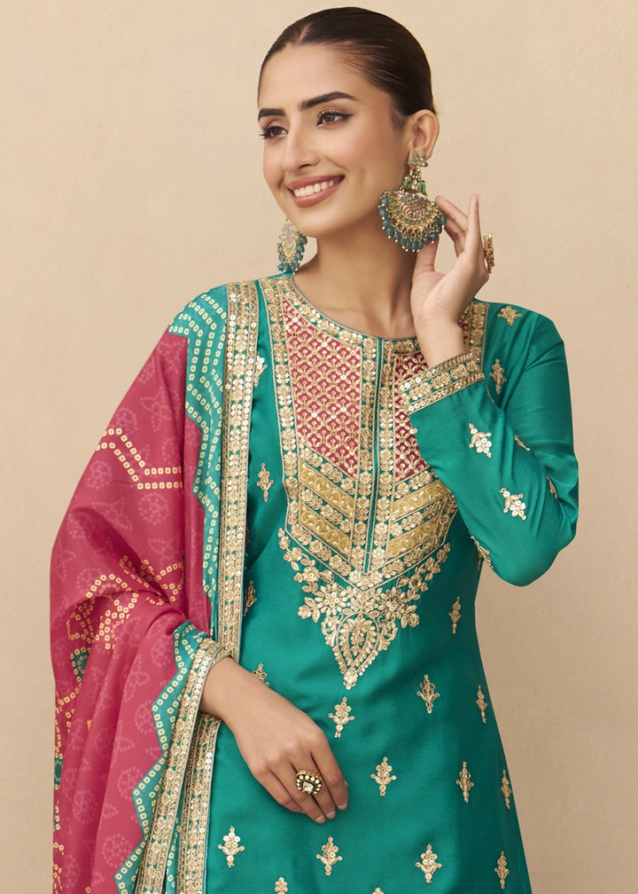 Tiffany Blue Chinon Silk Palazzo Suit with Elegant Embroidery work