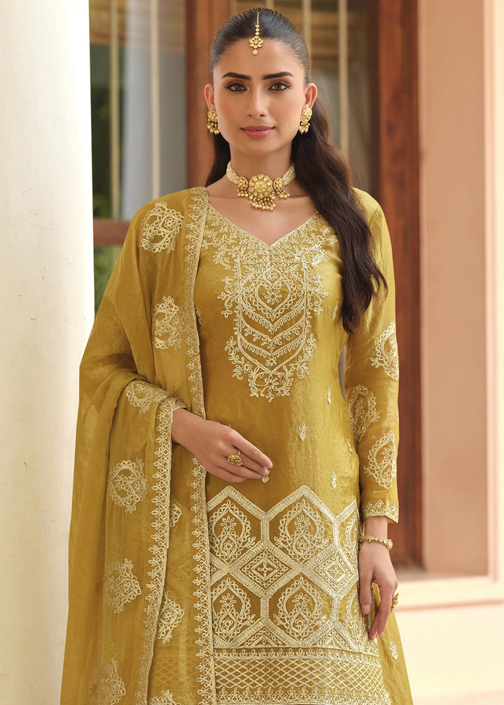 Amber Yellow Silk Palazzo Suit with Fine Embroidered Detailing