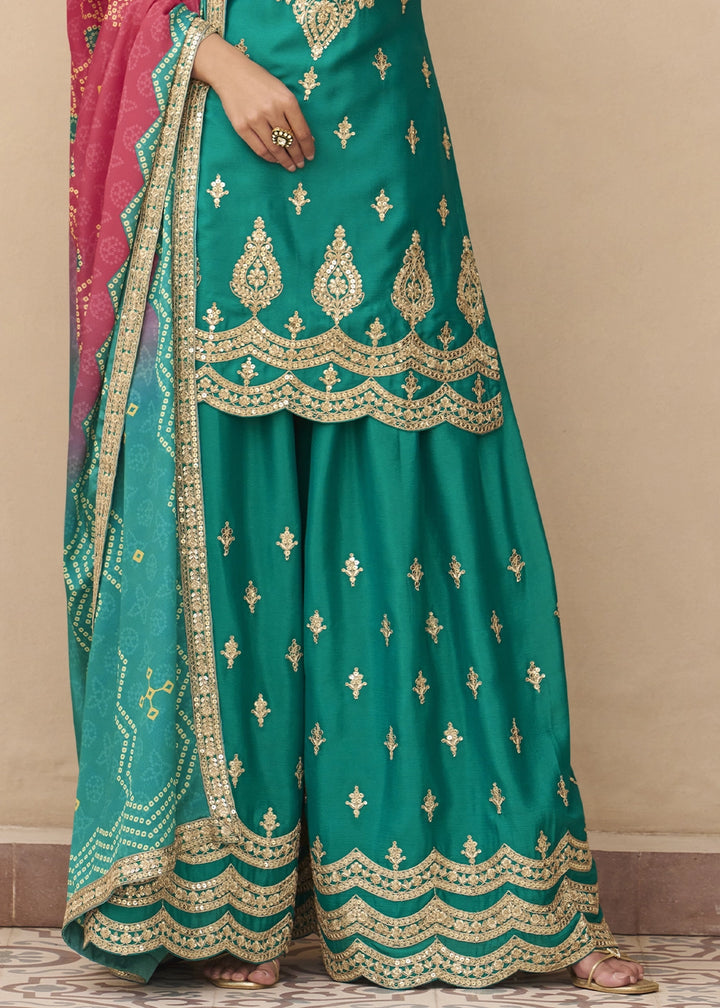 Tiffany Blue Chinon Silk Palazzo Suit with Elegant Embroidery work