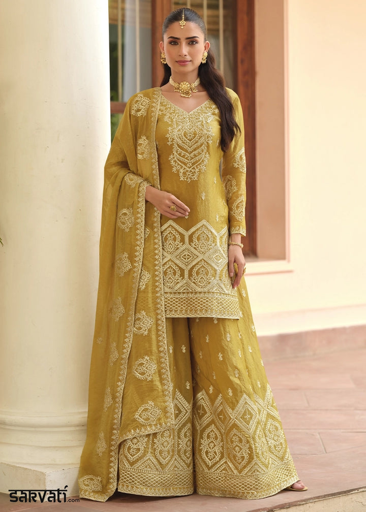 Amber Yellow Silk Palazzo Suit with Fine Embroidered Detailing