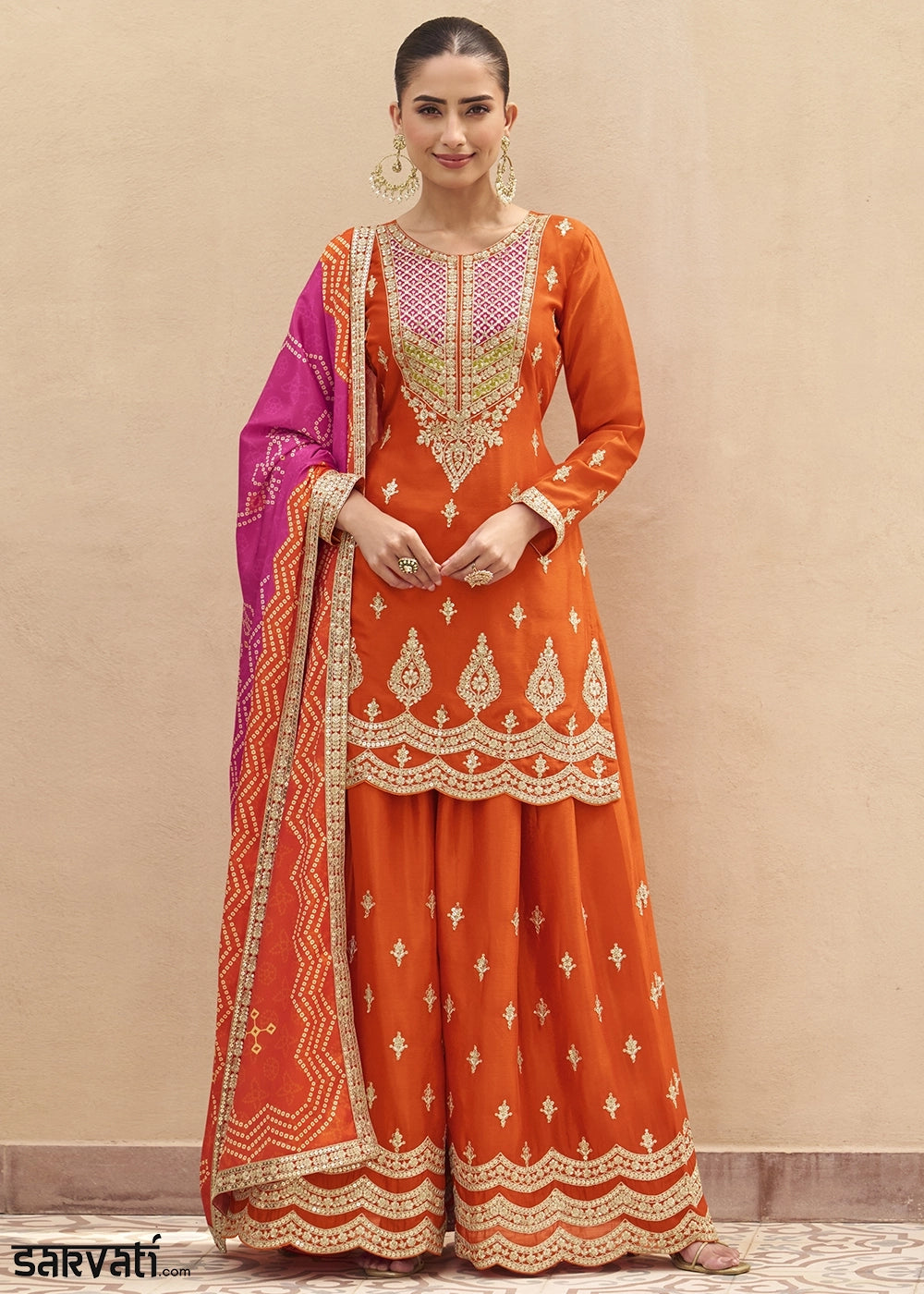 Lava Orange Chinon Silk Palazzo Suit with Elegant Embroidery work