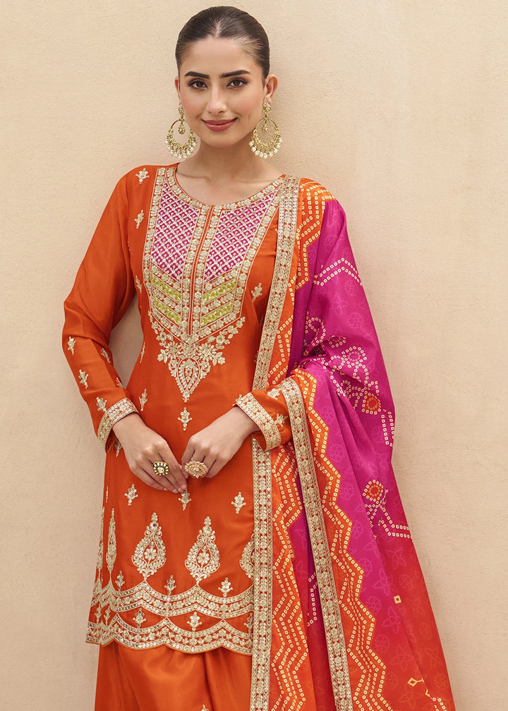 Lava Orange Chinon Silk Palazzo Suit with Elegant Embroidery work