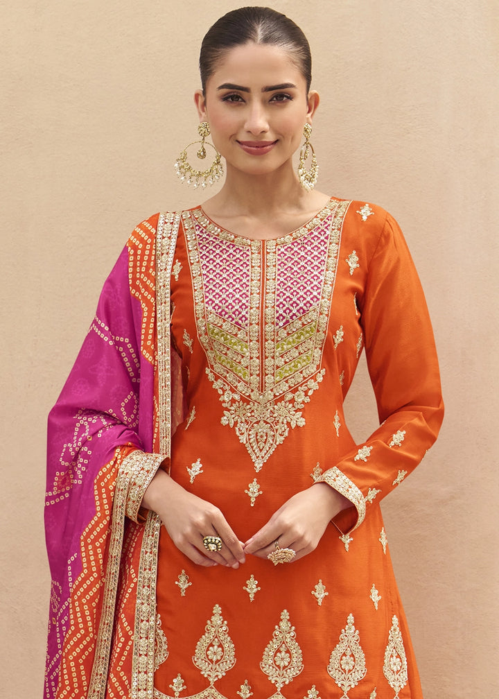 Lava Orange Chinon Silk Palazzo Suit with Elegant Embroidery work