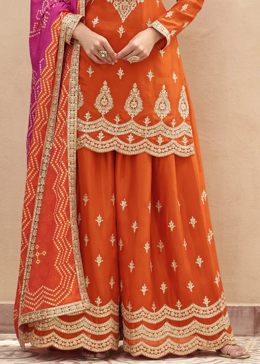 Lava Orange Chinon Silk Palazzo Suit with Elegant Embroidery work