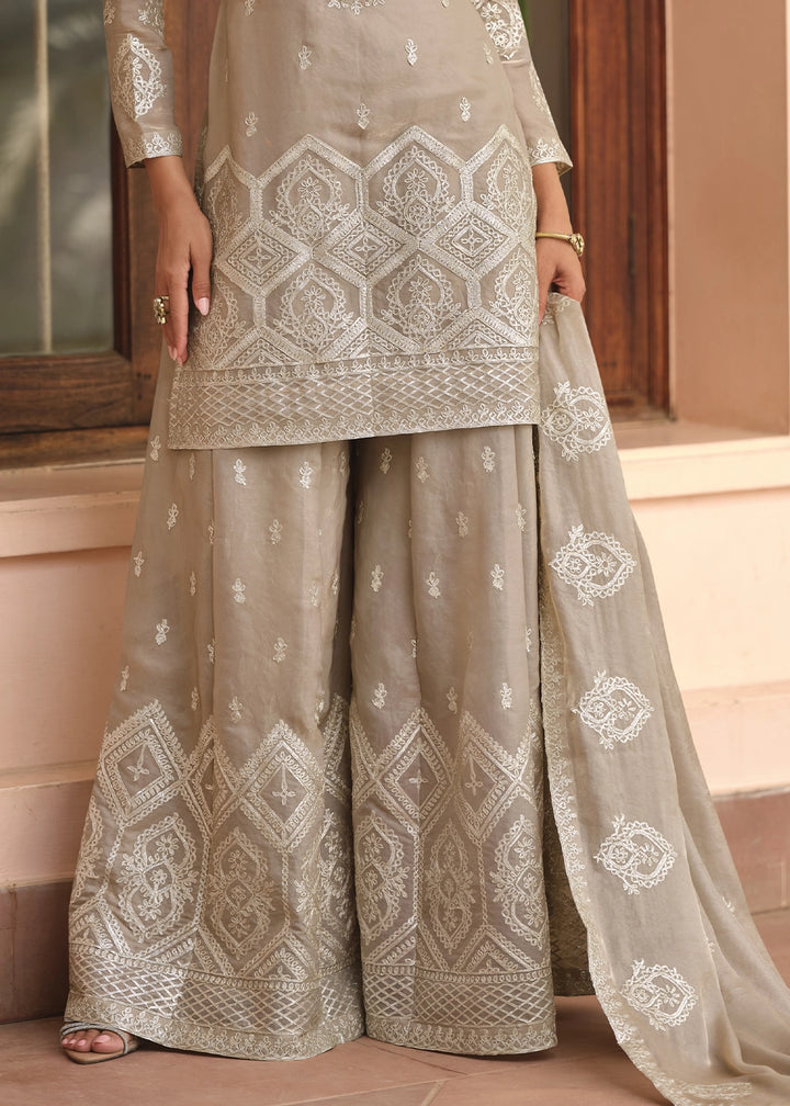 Greyish Brown Silk Palazzo Suit with Fine Embroidered Detailing