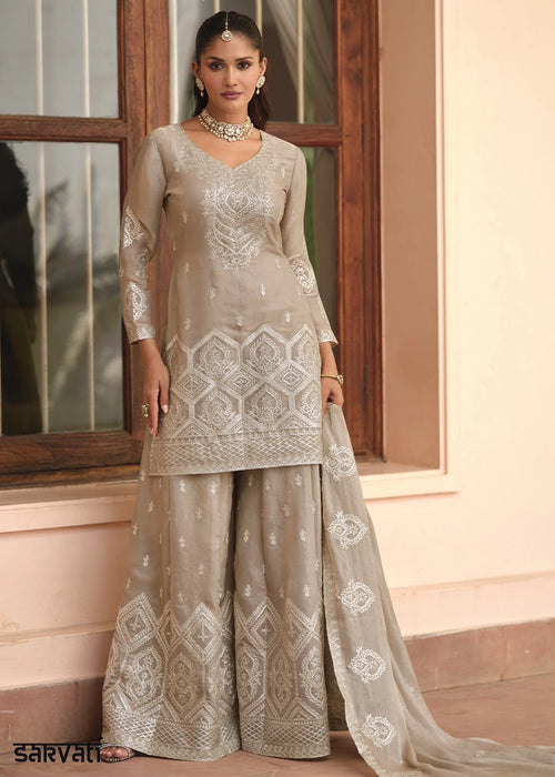 Greyish Brown Silk Palazzo Suit with Fine Embroidered Detailing