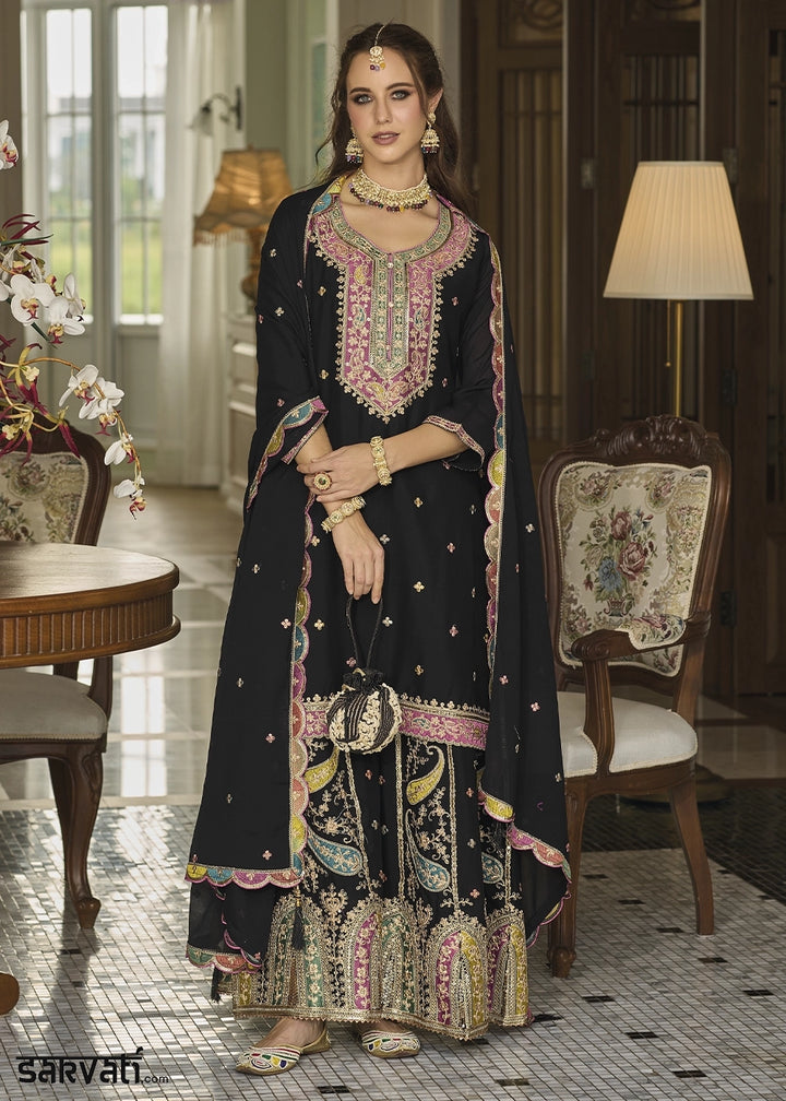Jade Black Chinon Silk Sharara Suit with Heavy Embroidered Work