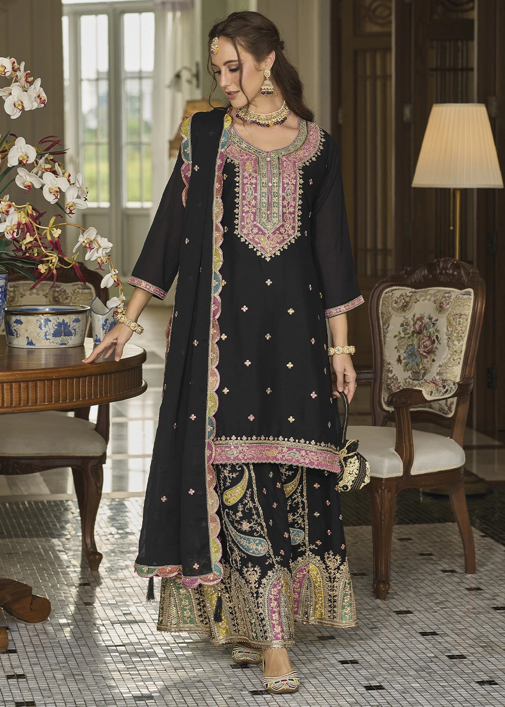 Jade Black Chinon Silk Sharara Suit with Heavy Embroidered Work