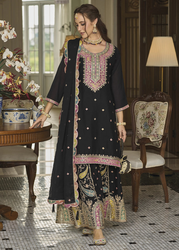 Jade Black Chinon Silk Sharara Suit with Heavy Embroidered Work