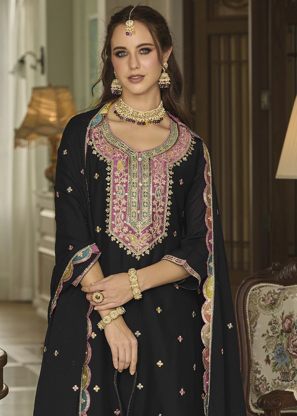 Jade Black Chinon Silk Sharara Suit with Heavy Embroidered Work