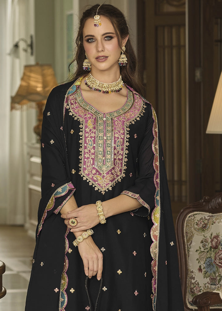 Jade Black Chinon Silk Sharara Suit with Heavy Embroidered Work