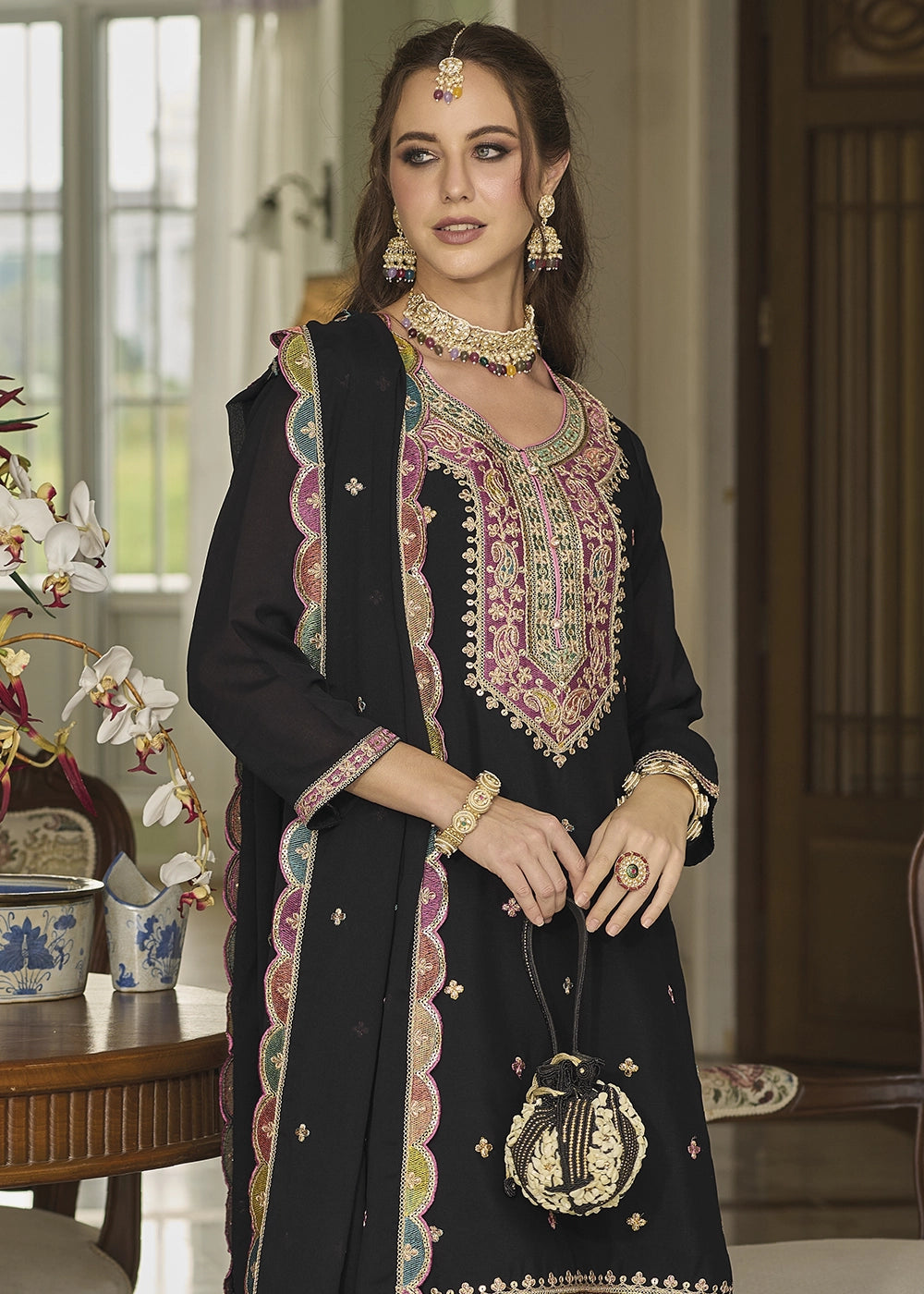 Jade Black Chinon Silk Sharara Suit with Heavy Embroidered Work