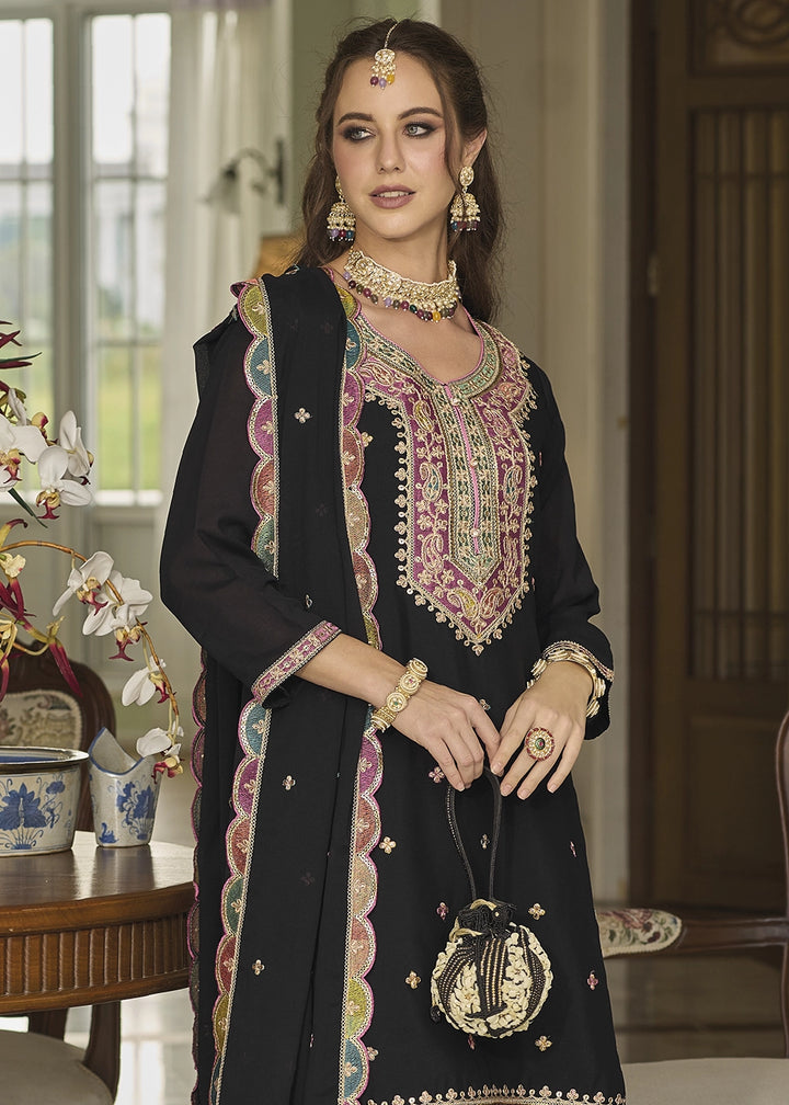 Jade Black Chinon Silk Sharara Suit with Heavy Embroidered Work