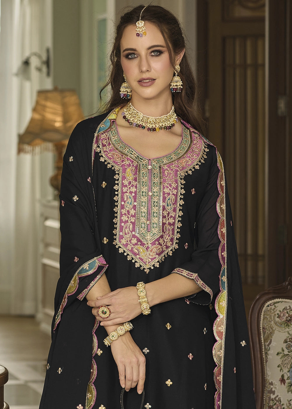Jade Black Chinon Silk Sharara Suit with Heavy Embroidered Work