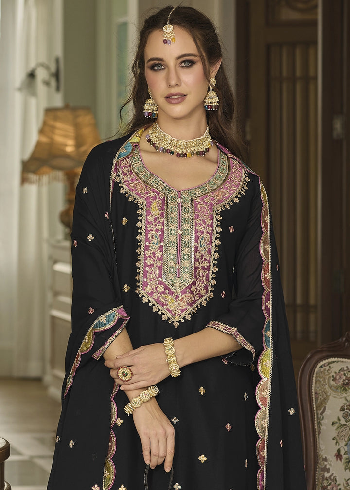 Jade Black Chinon Silk Sharara Suit with Heavy Embroidered Work