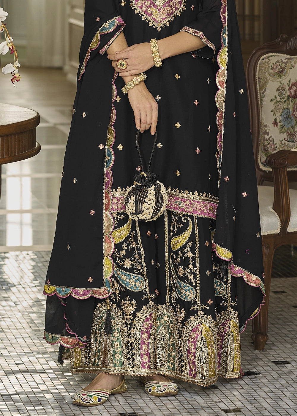 Jade Black Chinon Silk Sharara Suit with Heavy Embroidered Work