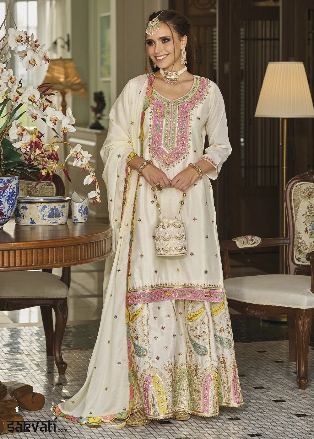 Pearl White Chinon Silk Sharara Suit with Heavy Embroidered Work