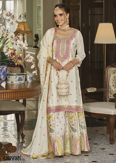 Pearl White Chinon Silk Sharara Suit with Heavy Embroidered Work