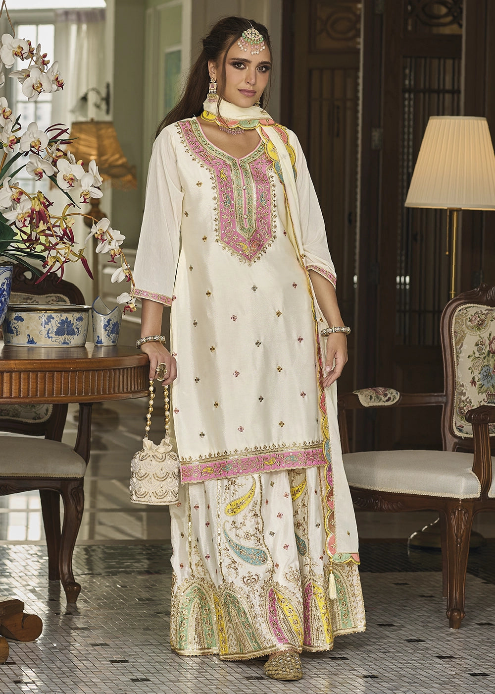 Pearl White Chinon Silk Sharara Suit with Heavy Embroidered Work