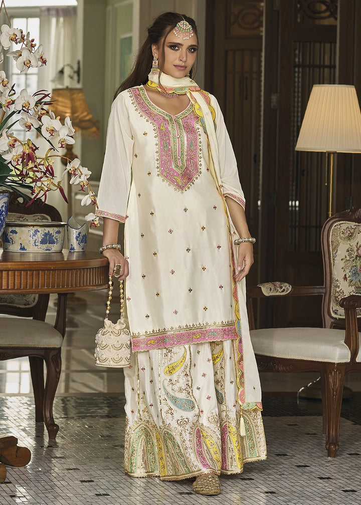 Pearl White Chinon Silk Sharara Suit with Heavy Embroidered Work