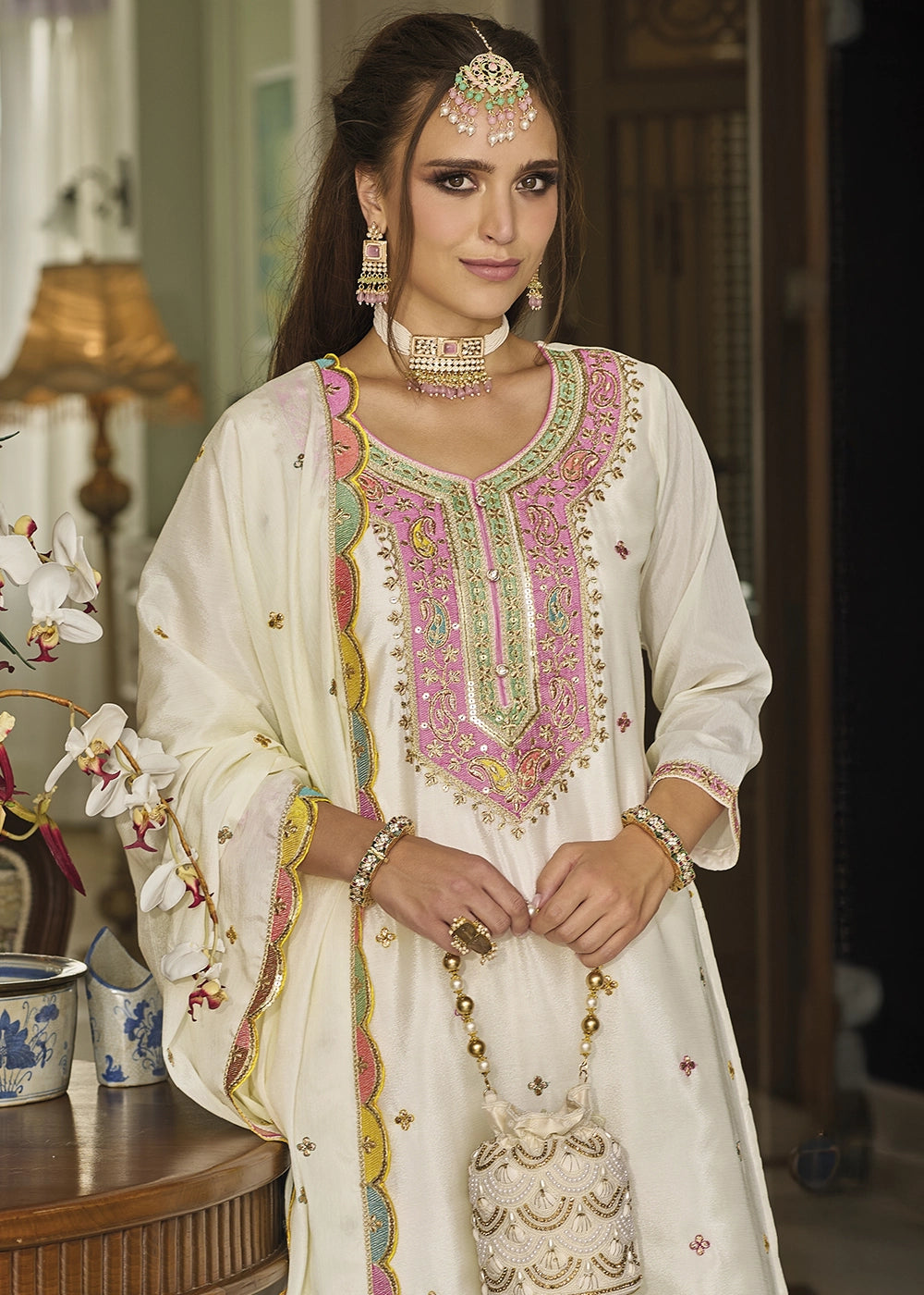 Pearl White Chinon Silk Sharara Suit with Heavy Embroidered Work