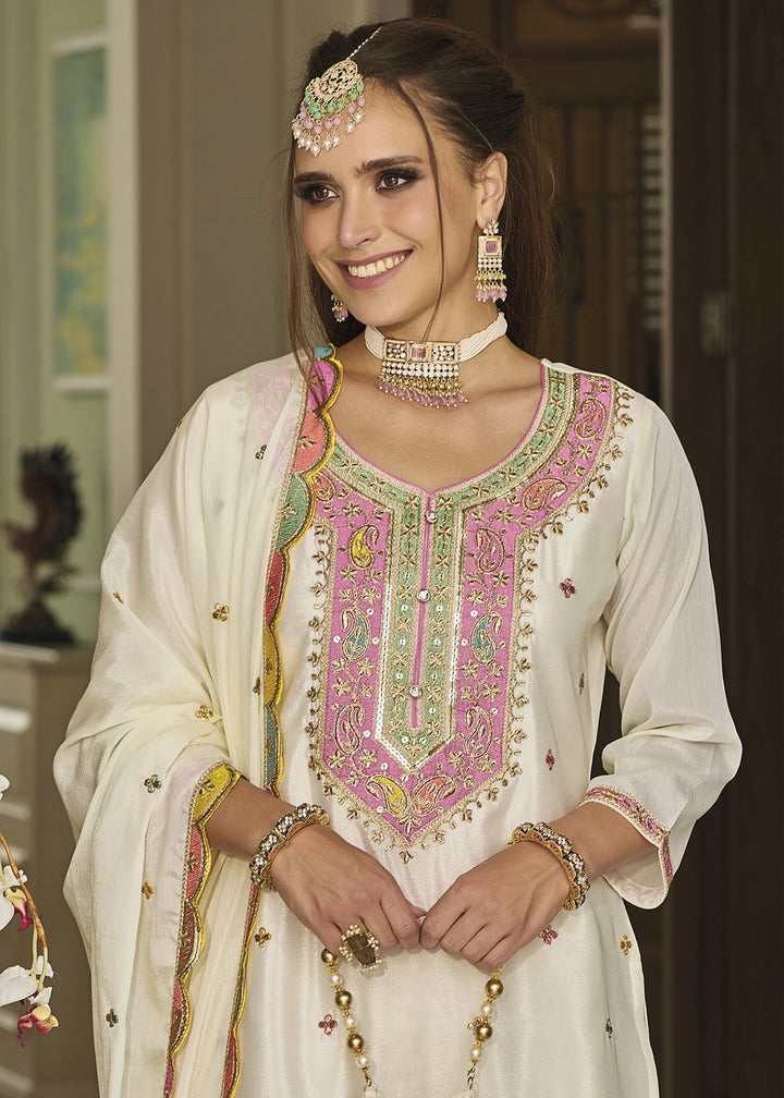 Pearl White Chinon Silk Sharara Suit with Heavy Embroidered Work