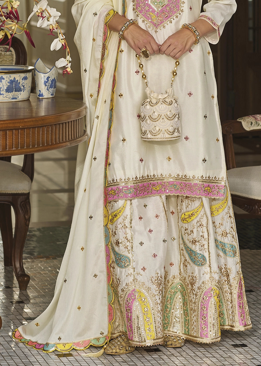 Pearl White Chinon Silk Sharara Suit with Heavy Embroidered Work