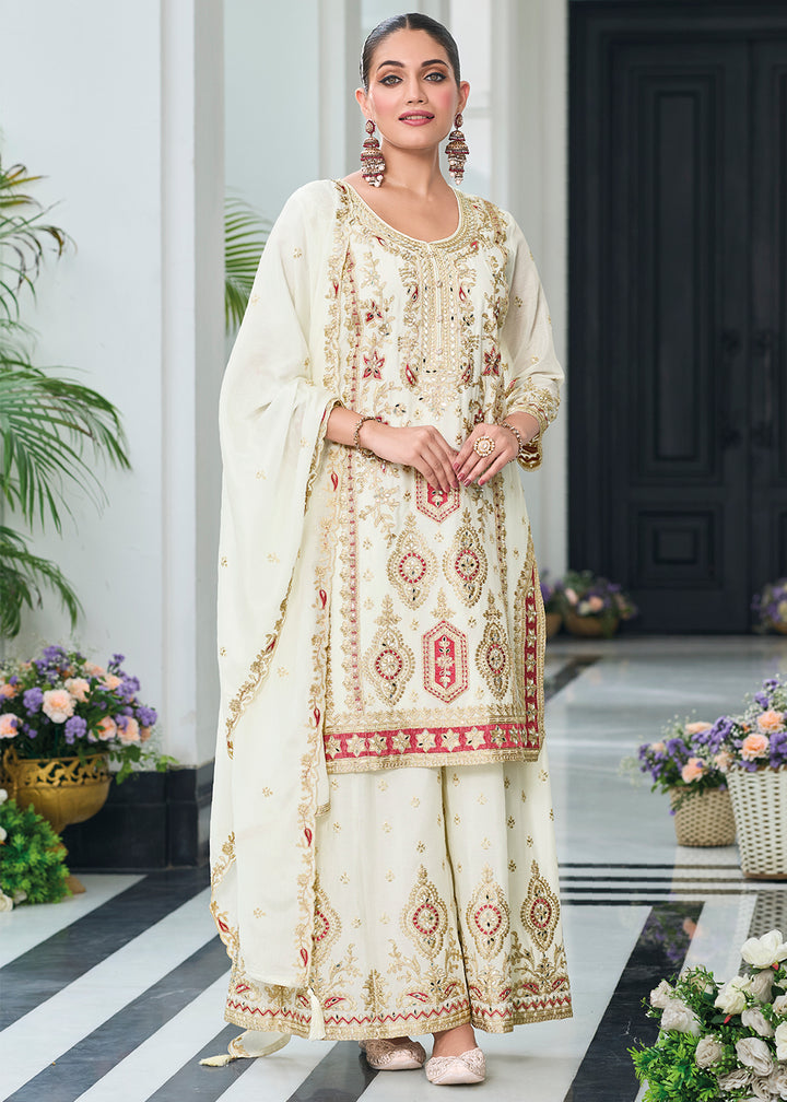 Pearl White Chinon Silk Palazzo Suit with Exquisite Embroidery - Eid Edition