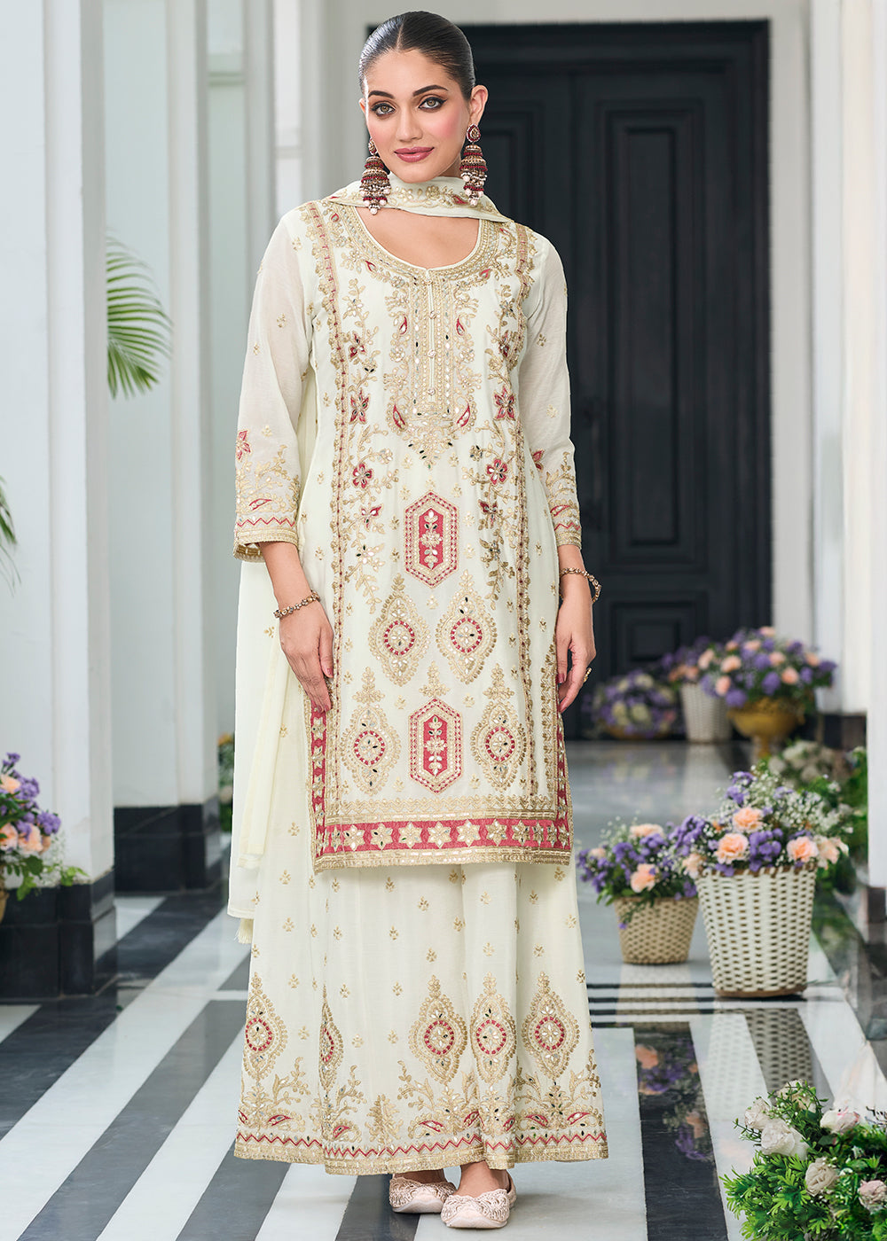 Pearl White Chinon Silk Palazzo Suit with Exquisite Embroidery - Eid Edition