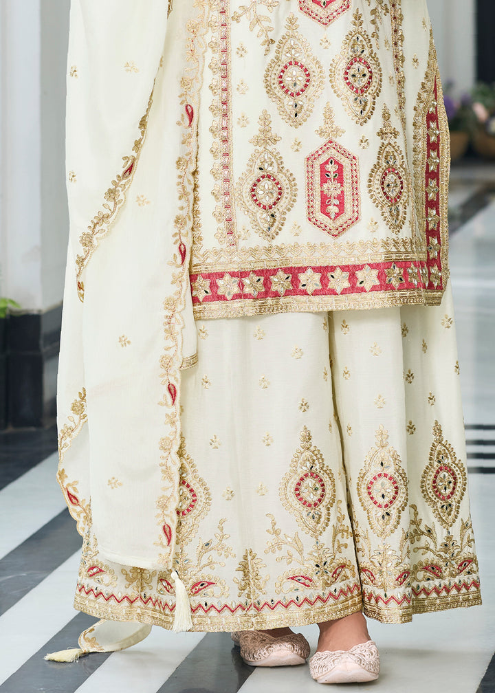 Pearl White Chinon Silk Palazzo Suit with Exquisite Embroidery - Eid Edition