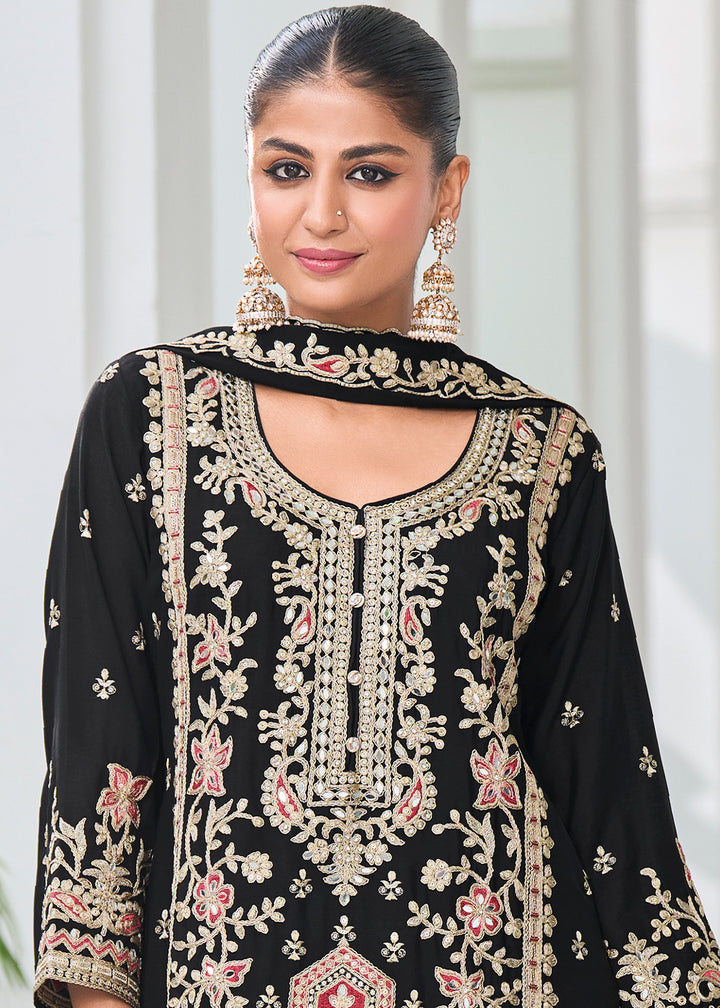 Mid Night Black Chinon Silk Palazzo Suit with Exquisite Embroidery - Eid Edition