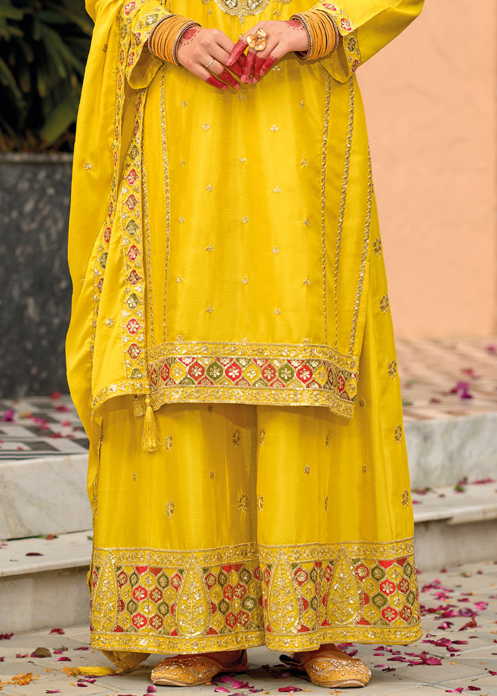 Canary Yellow Chinon Silk Palazzo Suit with Intricate Embroidery - Eid Edition