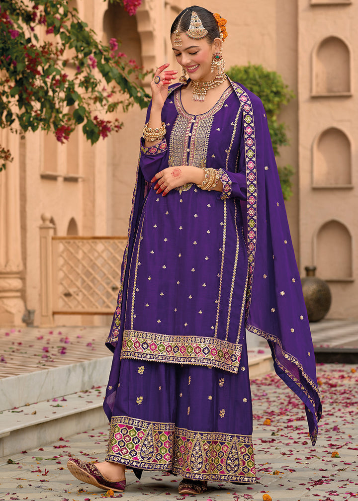 Violet Purple Chinon Silk Palazzo Suit with Intricate Embroidery - Eid Edition