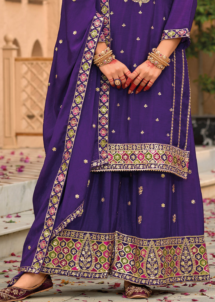 Violet Purple Chinon Silk Palazzo Suit with Intricate Embroidery - Eid Edition