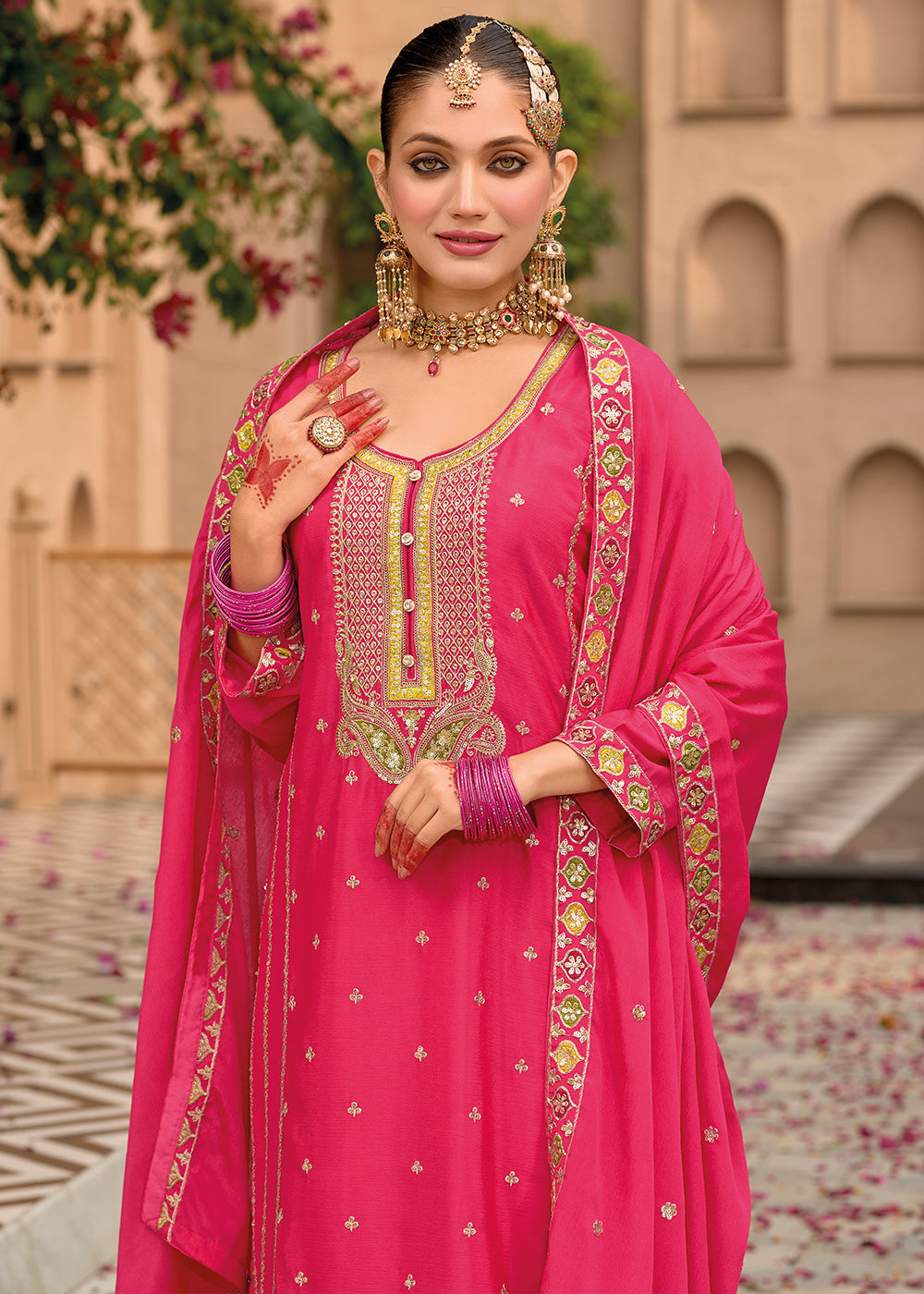 Magenta Pink Chinon Silk Palazzo Suit with Intricate Embroidery - Eid Edition