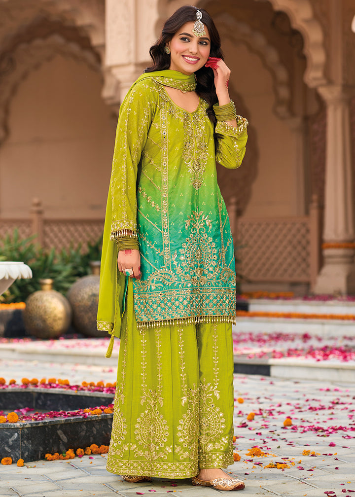 Tear Green Chinon Silk Palazzo Suit with Intricate Embroidery - Eid Edition