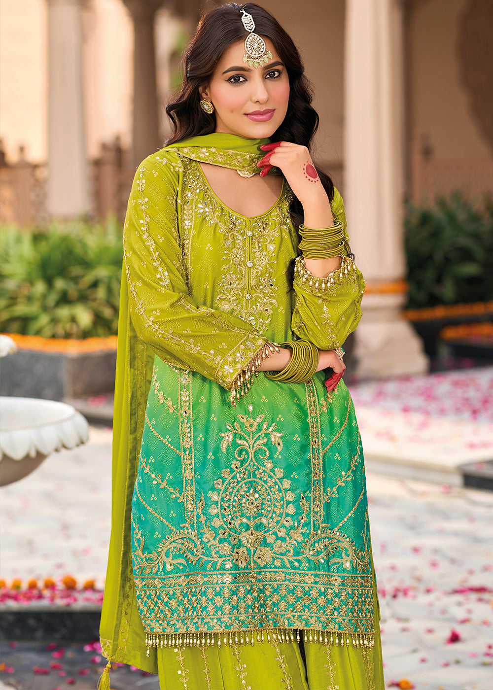 Tear Green Chinon Silk Palazzo Suit with Intricate Embroidery - Eid Edition