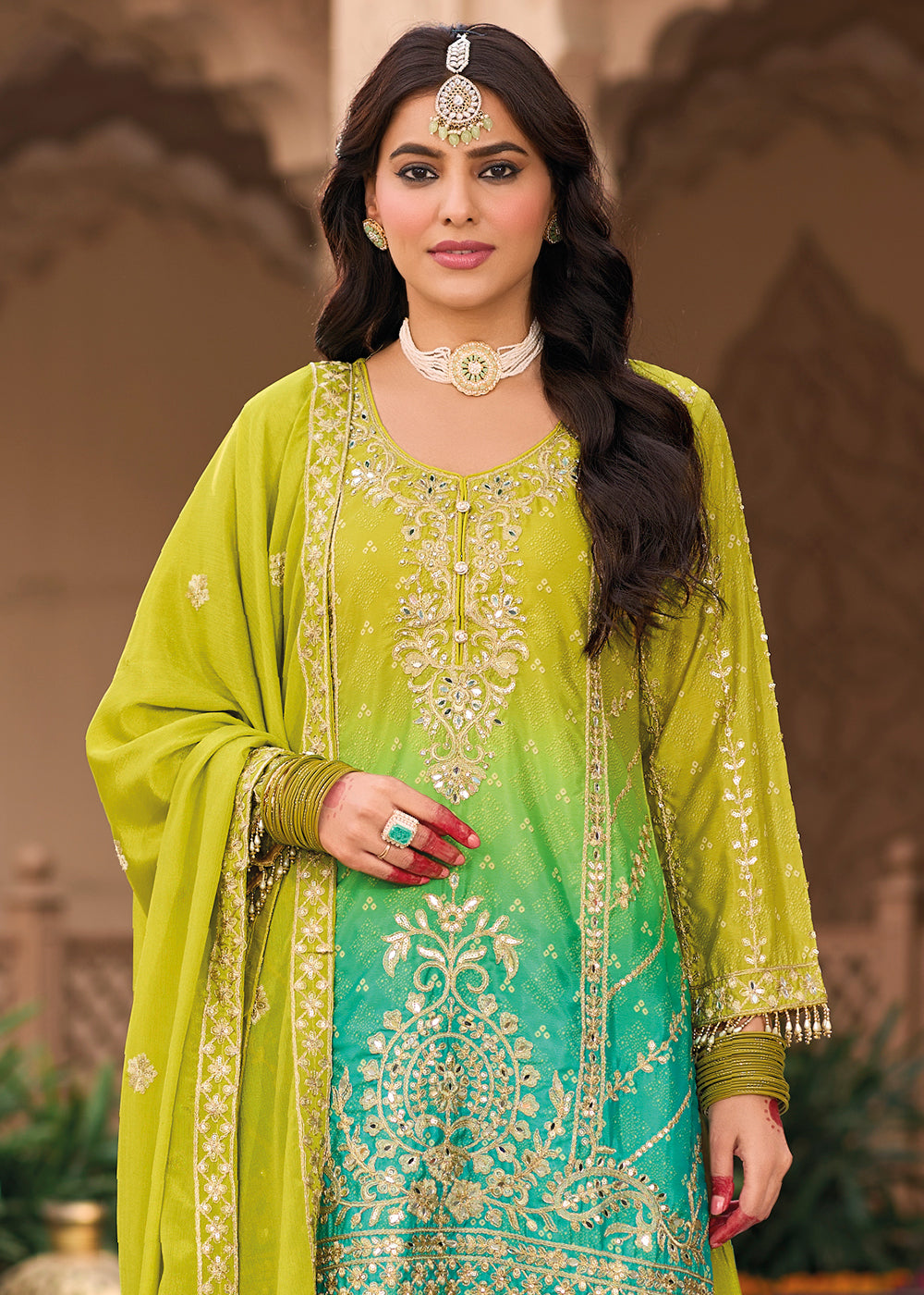 Tear Green Chinon Silk Palazzo Suit with Intricate Embroidery - Eid Edition