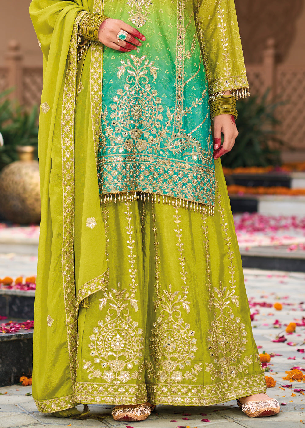 Tear Green Chinon Silk Palazzo Suit with Intricate Embroidery - Eid Edition