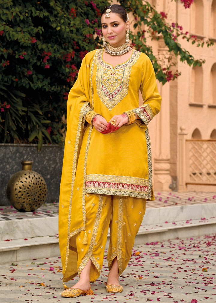 Aureolin Yellow Embroidered Dhoti and Kurti in Simar Silk