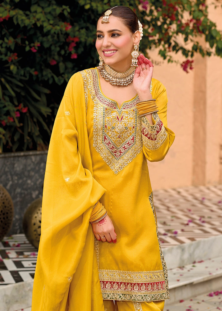 Aureolin Yellow Embroidered Dhoti and Kurti in Simar Silk