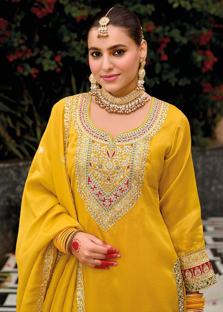 Aureolin Yellow Embroidered Dhoti and Kurti in Simar Silk