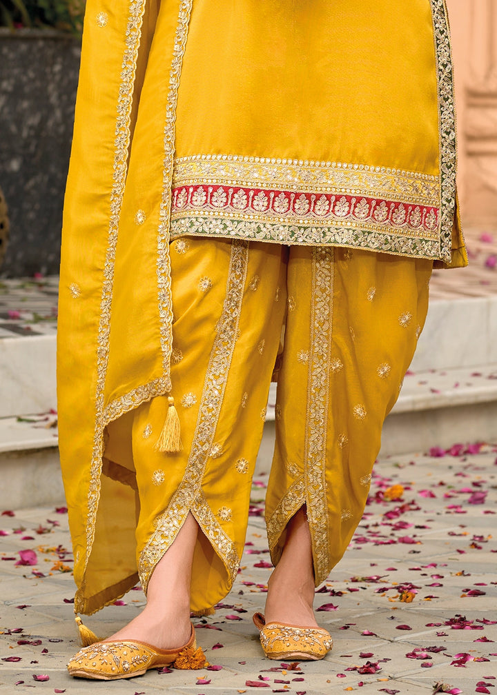 Aureolin Yellow Embroidered Dhoti and Kurti in Simar Silk