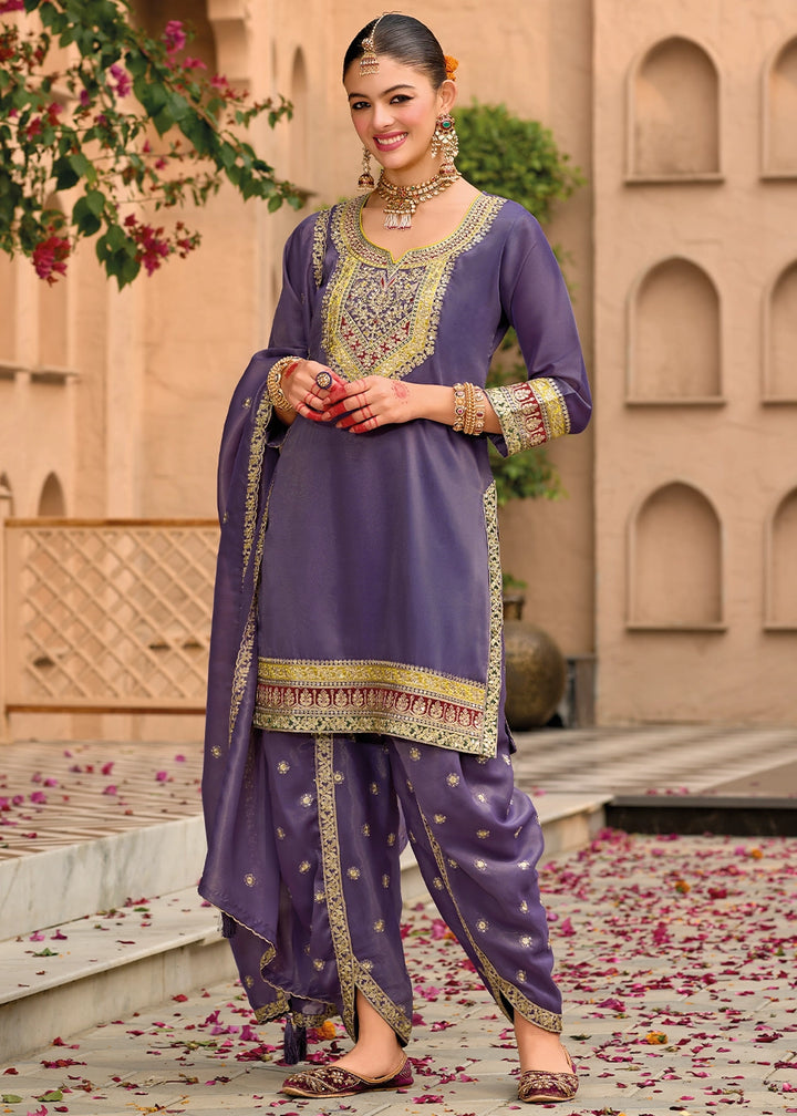 Eminence Purple Embroidered Dhoti and Kurti in Simar Silk